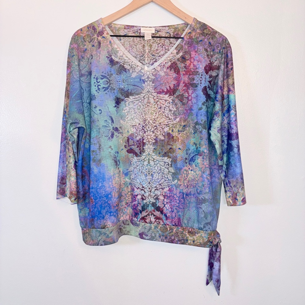 Chico's Blue Rainbow Graphic Tie Front Blouse 3/4 Sleeve Women’s Size 1 - Picture 11 of 11